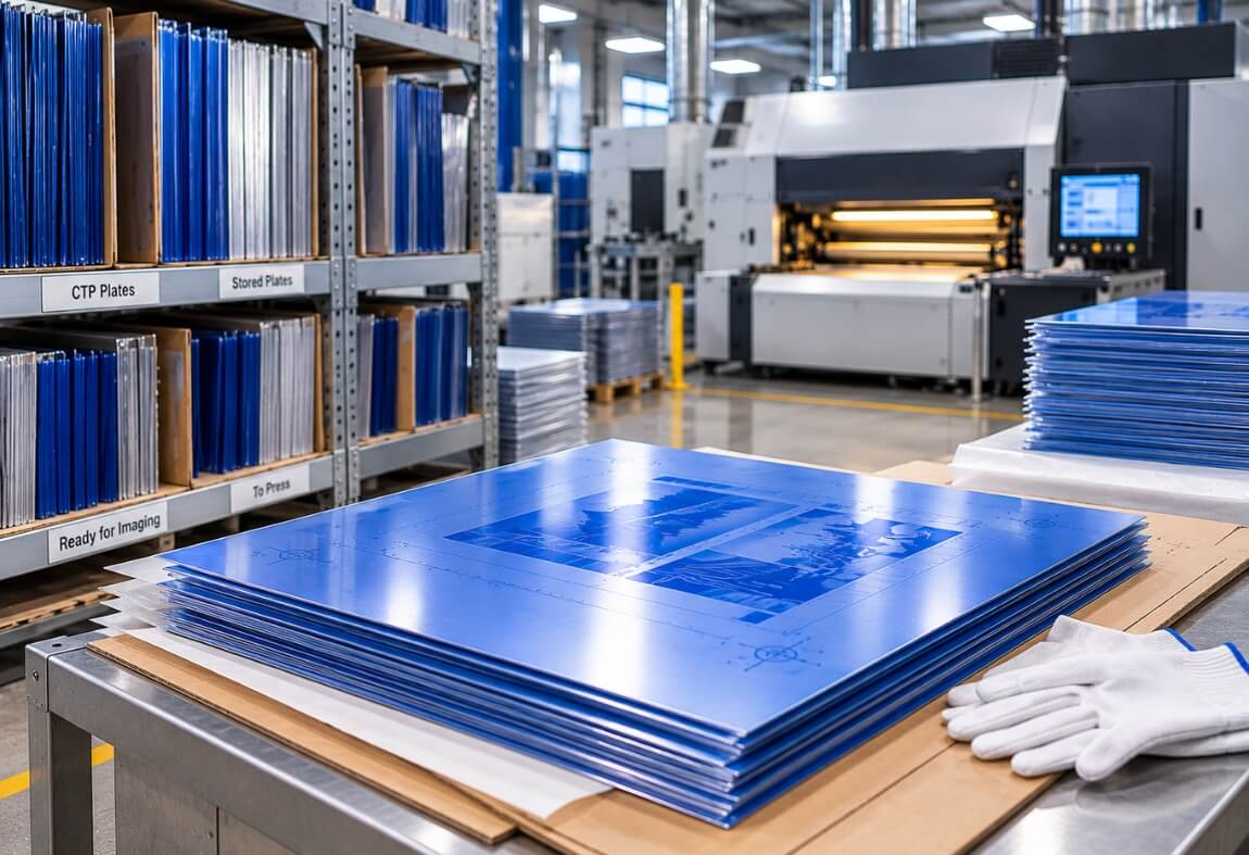 Blue printing plates stored and prepared for press work
