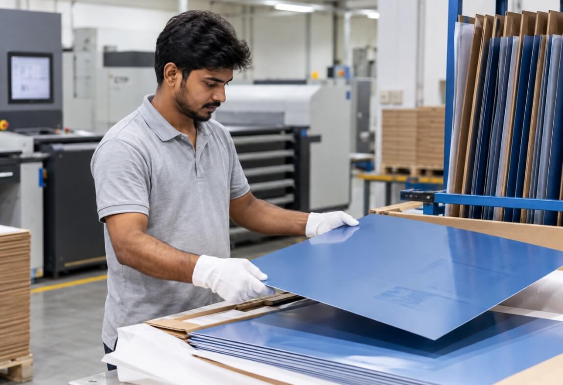 Printer inspecting a blue plate before imaging