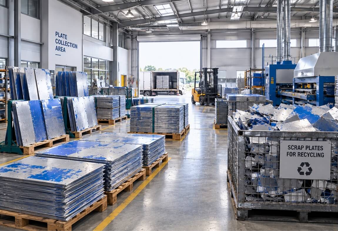 Sorted scrap printing plates ready for recycling