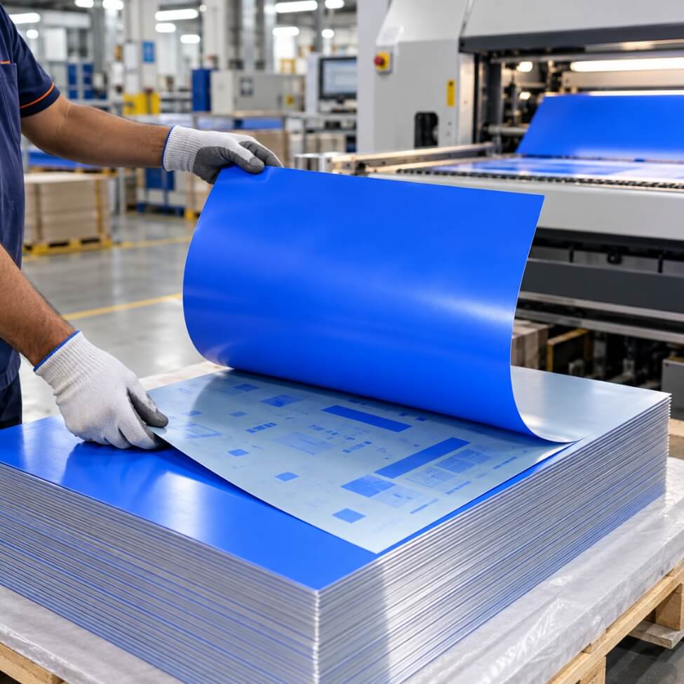 Blue CTCP printing plate being handled at production equipment