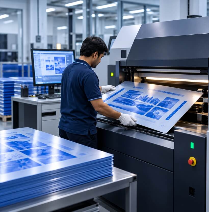 Operator preparing an offset printing plate in Sivakasi