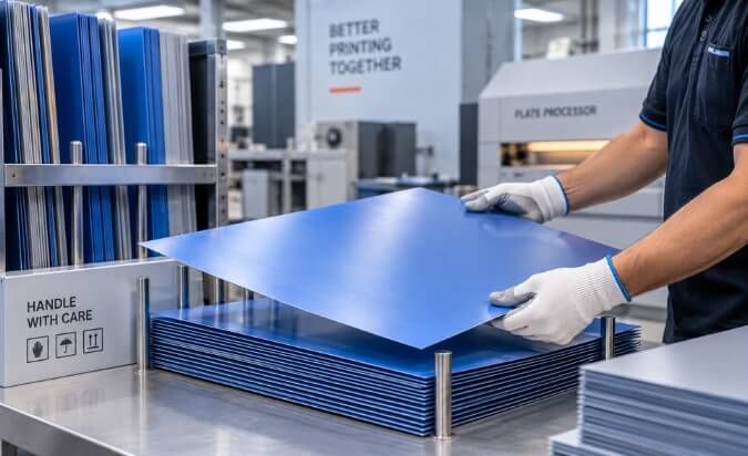 Operator carefully handling a blue printing plate